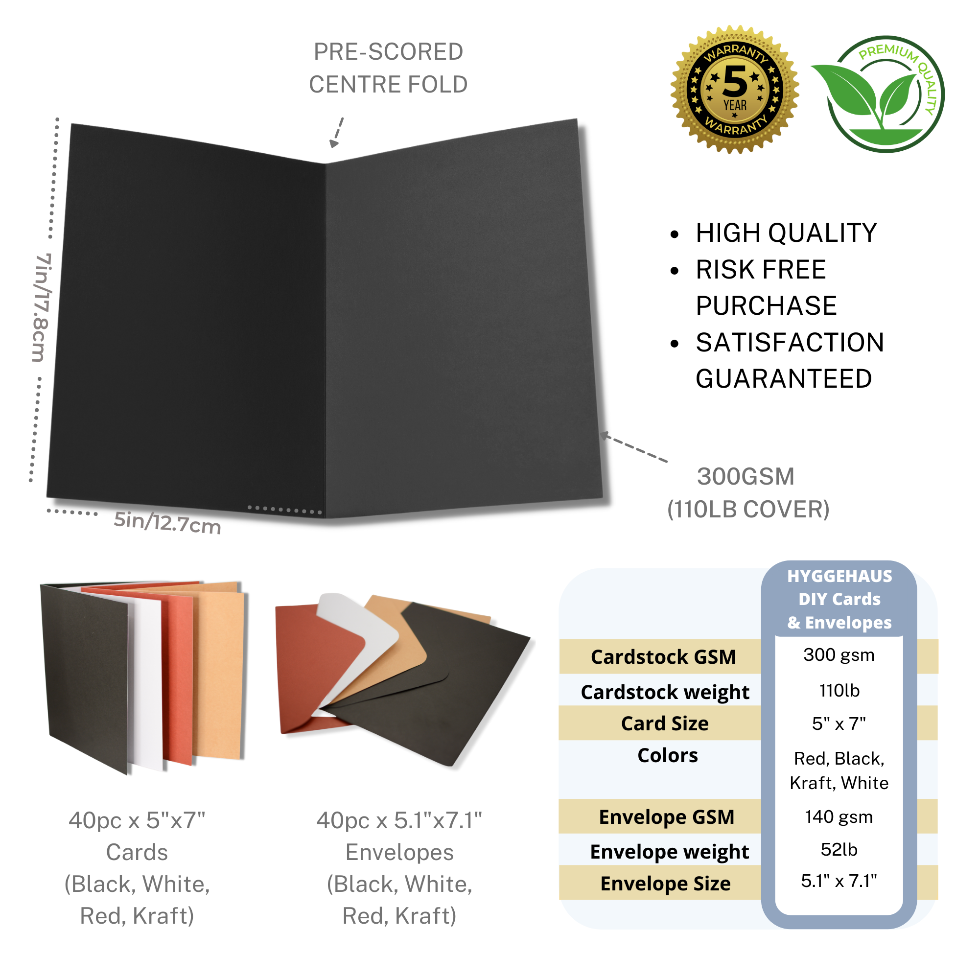 5X7 Blank Card and Envelope Greeting Card Set DIY 300GSM (40 Pack -White, Black, Red, Kraft)